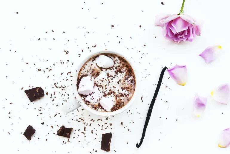 overhead shot of mug of hot chocolate surrounded by vanilla bean and chocolate shavings