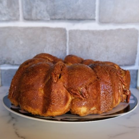 butterscotch pecan pull-apart loaf on a plate