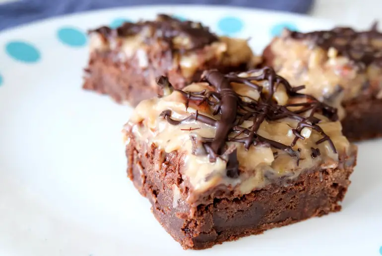 3 brownies arranged on a white and blue plate