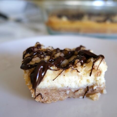 cheesecake bar with chocolate drizzle