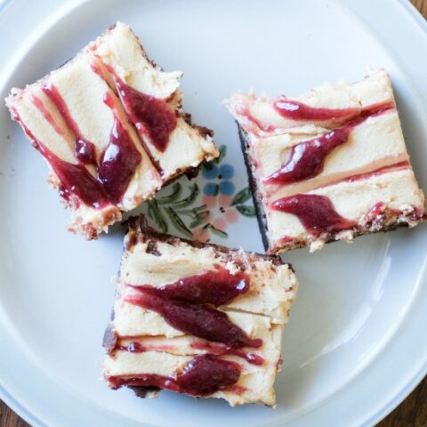 3 brownies arranged on pale blue floral plate