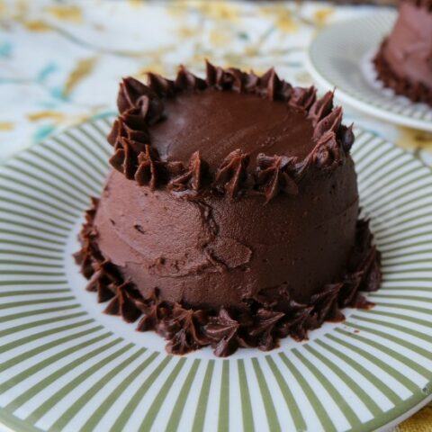 Small chocolate cake on a green striped plate with another small cake in the background